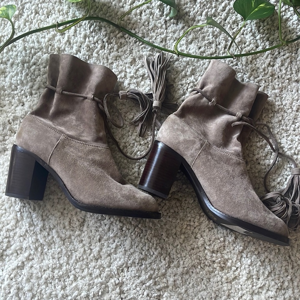 Jeffrey Campbell suede booties with leather ankle tassel. NWOT